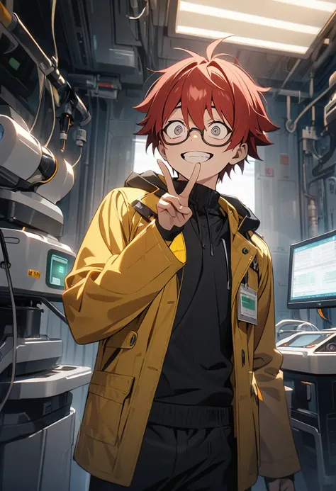 score up_9,score up_8,score up_7,source_anime,rating_safety,masterpiece,best quality,super fine illustration,hyper detailed,8k,cowboy shot,front view,BREAK 1 boy,20yo,red hair,(Aflo:1.4),(crazy eyes:1.3),glasses,crazy smile,BREAK (double v:1.2),BREAK yello...