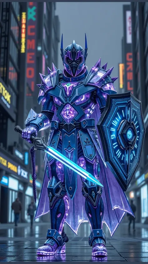 Realistic photo of a Paladin clad in entirely crystalline amethyst armor, its transparent and reflective surfaces adorned with intricate circuitry and wiring underneath, illuminated by LED accents. Wielding a glowing binary datastream sword and a holy data...