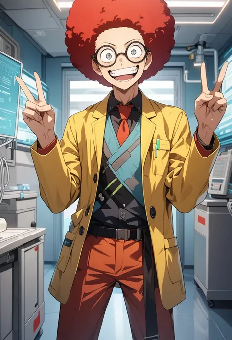 score up_9,score up_8,score up_7,source_anime,rating_safety,masterpiece,best quality,super fine illustration,hyper detailed,8k,cowboy shot,front view,BREAK 1 boy,20yo,(red afro hair:1.4),(crazy eyes:1.3),glasses,crazy smile,BREAK (double v:1.2),BREAK yello...