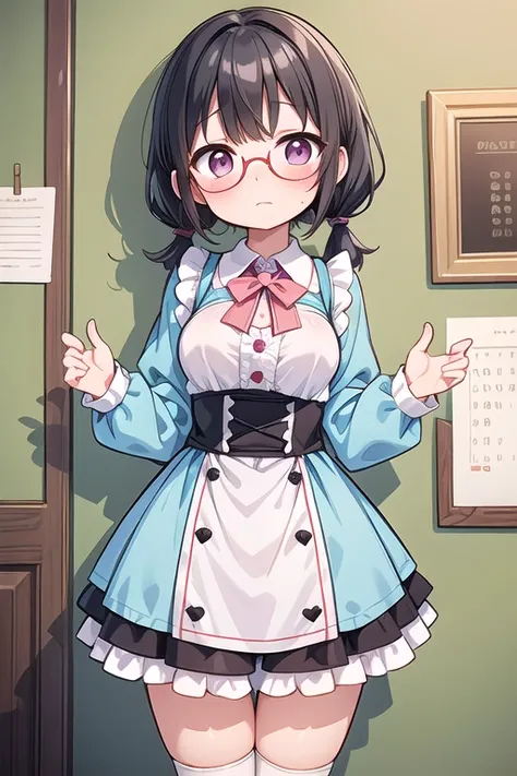 1 Cute naughty peasant girl, Pastel colors hair, medium breasts, Thighs, black hair, short hair, (low twintails), glasses, standard height, (anxious face:1,2、blush:1.2, quiet personality:1.2, shy), at the adventurers guild, A bulletin board with posted pap...