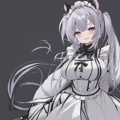 ferret girl, big breasts, big tail, purple eyes, maid, blue long pigtails hair, smile