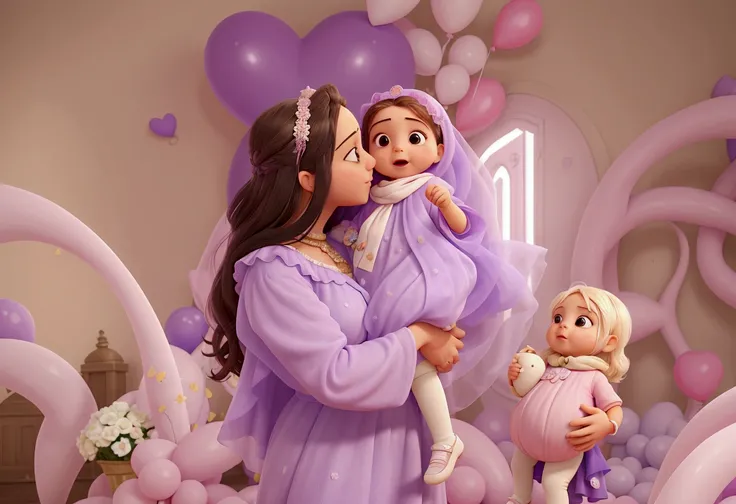 arafa woman holding a baby in a purple dress in front of an arch of pink and white balloons, Violeta Myers, edited, scrambling of the lovers, Alanis Guilherme, John shouted, 1614572159, curious, purple themed, portrait photo, happy birthday, Kailee Mandel,...