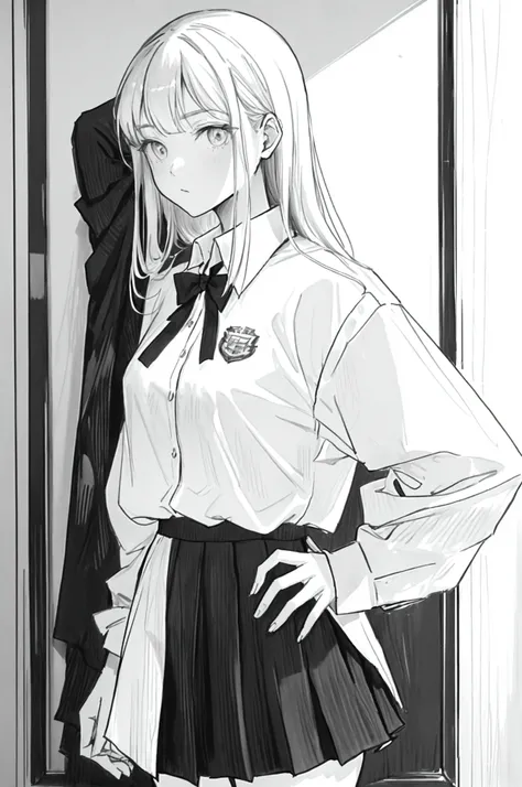 An 1 high school girl in a high school uniform and white shirt with medium-length hair. black and white. The girl is serious 