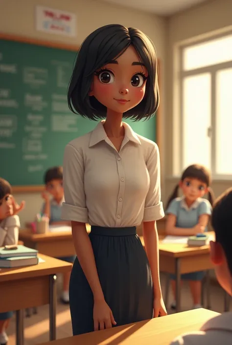  Dark skinned girl, slanted eyes, short straight hair, teacher in classroom