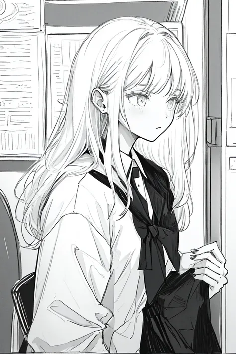 An 1 high school girl in a high school uniform and white shirt with medium-length hair. black and white. The girl is serious 