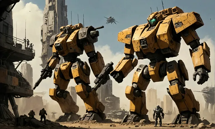 (battletech) A large battered assault mech with several integrated weapons, near the cockpit in the chest Paladin 69 is written, war torn city
