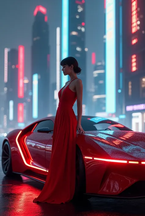 a woman in a red dress standing next to a futuristic car, very futuristic, futuristic cars, futuristic product car shot, futuristic style, in cyberpunk city, futuristic car, futuristic and ethereal, cyberpunk futuristic, cyberpunk car, futuristic cyberpunk...