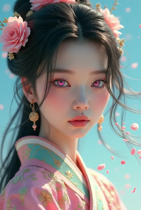 Teenage girl, fair skin, black with pink eyes, black hair color in edge pink and green tips, floating hair, delicate and glitter eyes, intricate damask hanfu, gorgeous accessories, wearing pink flower earrings, FOV, f/1.8, masterpiece, blue sky, flower pet...