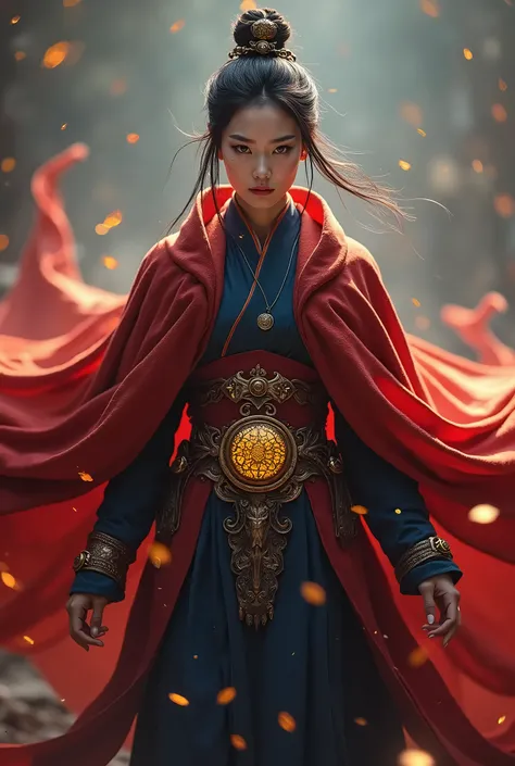 Inspiration: A Korean beautiful girl face with the mystical elements of the Cloak of Levitation.Facial Features: Strong, determined expression with intense eyes and high cheekbones, resembling Devasena.Attire:Cloak: A deep red, flowing cape with intricate ...