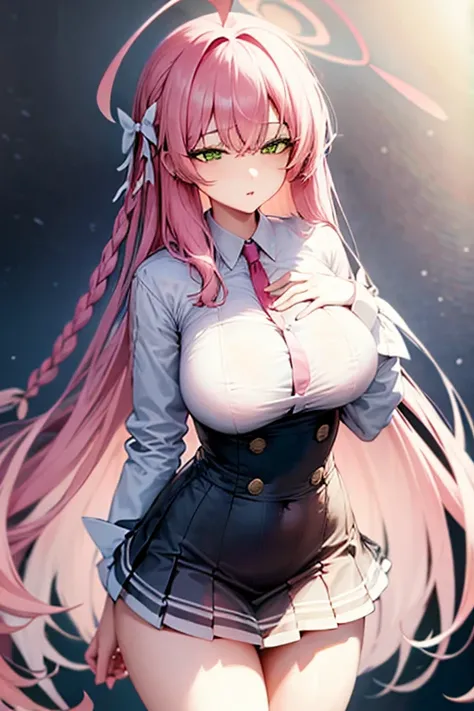 Big Breasts、Pink Hair、Black fishnet stockings、uniform、White Shirt、Pleated skirt、Slender、Long, slender legs、Emphasize the chest、High resolution、masterpiece、Best Quality、High-resolution model