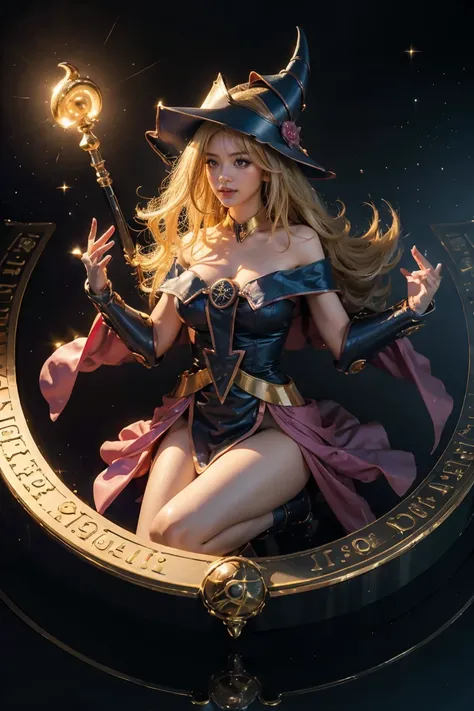 (masterpiece:1.2), (Best Quality:1.2), Fluffy blonde hair、Gal、Perfect lighting, The dark witch is casting a spell, Floating in the air, Large Breasts, Neckline, Blue Robe, Big hat, From above, Sparkle, Yu-Gi-Oh cards in the background、Front view pose、Overa...