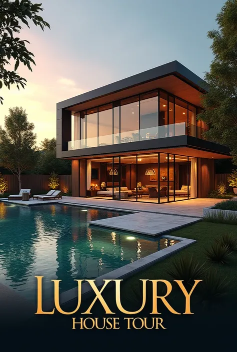 
"Design a stunning thumbnail for a luxury house tour video. The focus is a modern, high-end mansion with a sleek, glass exterior and lush landscaping. Include elements like an infinity pool and large windows showcasing the elegant interiors. Add bold, cle...