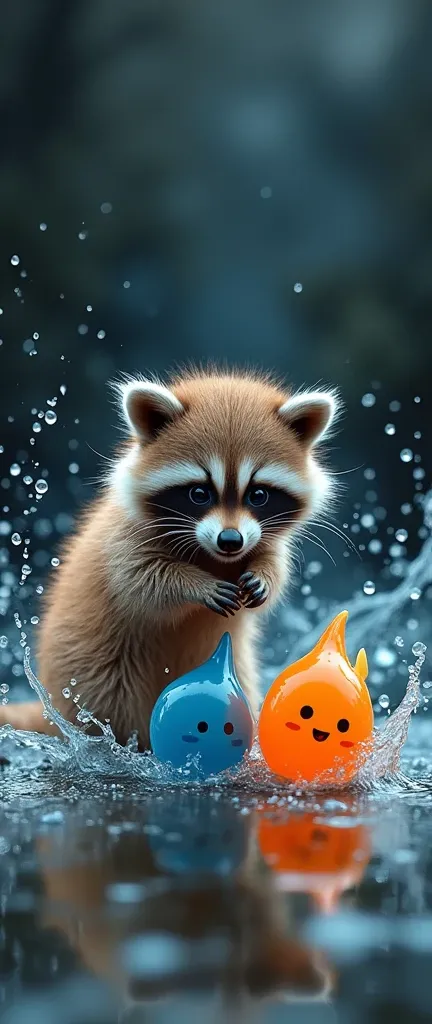 A captivating photograph of a cute, extra fluffy baby raccoon hitting water droplet characters with faces. Theres an orange drop with a flame-like top, a blue drop with a water-like top, and a smaller orange drop in the middle. They are splashing water, wi...