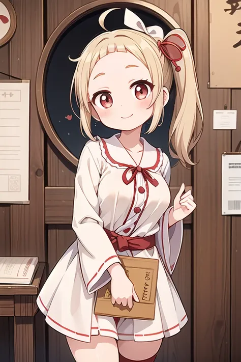 1 Cute naughty shrine maiden, medium breasts, Thighs, short hair, (beige hair, parchment hair), (forehead:1.2, parted bangs, hairclip, side ponytail:1,2), (light smile, Large eyes, yuruyuri), at the adventurers guild, A bulletin board with posted paper