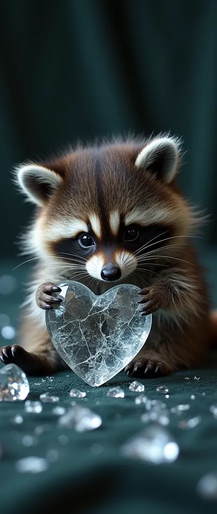 A photo of a cute extra fluffy baby raccoon holding a shattered glass heart. The raccoon is lying amidst a scattering of broken glass pieces. The heart, though fractured, still holds a captivating beauty with its intricate patterns and colorful reflections...