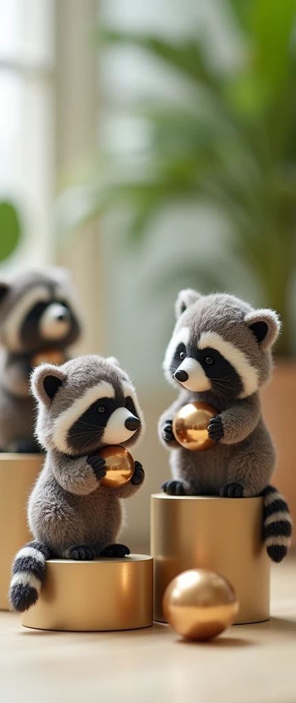 A photo of three cute extra fluffy baby realistic raccoon sculptures. Each raccoon is positioned on a small pedestal and is depicted in a playful pose, interacting with small, shiny balls. The background is blurred, but it appears to be an indoor setting w...