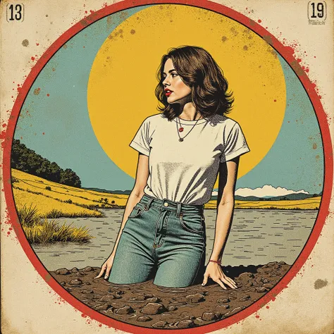 vintage Tarot, Symbolism, Line-Art, numerology, jeans, t-shirt, woman drowns herself in a mud,