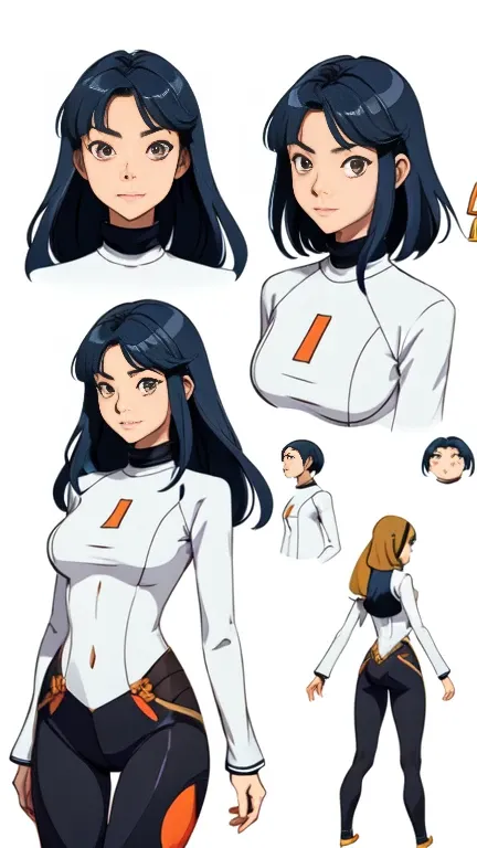 (Vector image:1.3) of (Simple illustration:1.3), filipina anime woman in a turtle neck, leggings, game character reference sheet, 