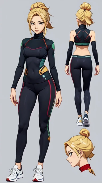 filipina anime woman in a turtle neck, leggings, game character reference sheet, in all full body views