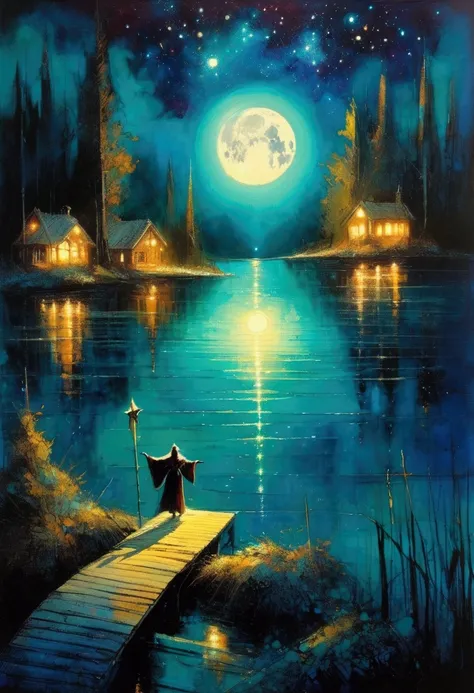 Beautiful lake, magic, wonderful, Night Sky, moon, star, background (Art inspired by Bill Sienkiewicz). oil)