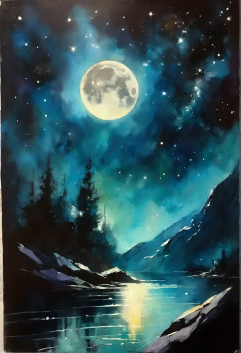 , Night Sky, moon, star, background (Art inspired by Bill Sienkiewicz). oil)