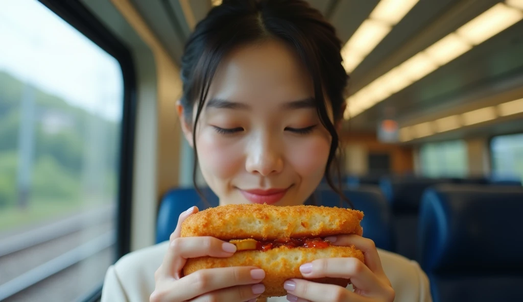 Japanese woman eating a katsu sandwich inside a Shinkansen train, real photo, ultra high resolution, 4K