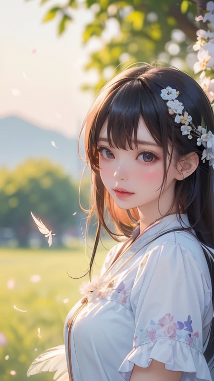 masterpiece},{The best},{(((masterpiece、masterpiece, Sweet dreamy Asian girl portrait, Surrounded by bright and fluttering feathers, in a Quiet outdoor environment, Soft sky background. Focus on your upper body, The background is soft and blurry, Creating ...