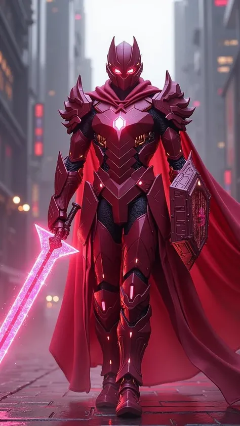 Realistic photo of a Paladin in a crystalline ruby armor, its facets reflecting light and intricate circuitry underneath. Wielding a glowing binary datastream sword and a holy data shield, set in a dense, futuristic city centre.