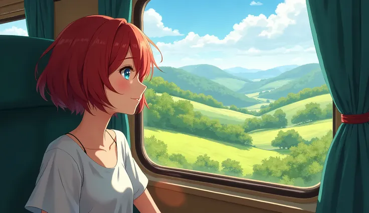 a girl, red short hair, blue eyes, sitting in a train, looks out the window, Smiling, through the window you can see a green hilly landscape, super detailed, HD, 