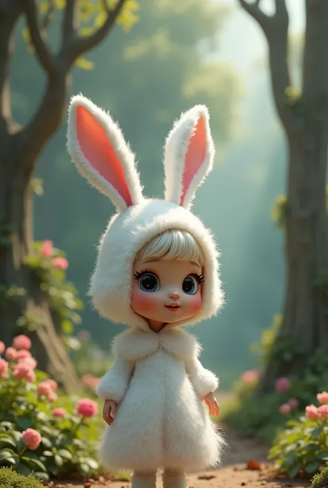 3D cartoon girl, white fuffle rabbit costume, Tim Burton style, ultra-detailed, Alice in Wonderland forest background, beautiful detailed eyes, beautiful detailed lips, extremely detailed eyes and face, long eyelashes, whimsical, surreal, fantasy, vivid co...