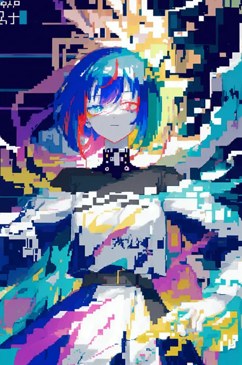 Close-up of a collage of anime characters with different background colors,Anime Abstract Art, Beautiful glitch art dreams, Psychedelic glitch art, noise々There was a problem, Hypercolor digital art, Glitch Fantasy Painting, There was a problem! Artbook, Of...