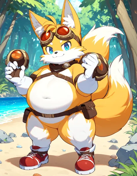 fat tails_boom, solo, fat body, smile, blue eyes, gloves, 1boy, animal ears, male focus, white gloves, fox ears, two tails, goggles, big checks, thick thighs, cute, goggles on ,furry male, animal nose, fox boy,  ocean, forest, coast, sand, red shoes, trees...