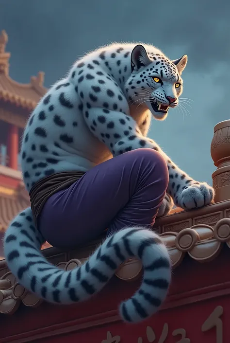 (by taran fiddler), (by darkgem:0.8), (by chunie:1), masterpiece, grey fur, nipples, navel, portrait, seductive, looking at viewer, smile, grin, teeth, (tailung:1.2), snow leopard, (gold eyes), detailed eyes, male, solo, anthro, crouched on roof, (looking ...