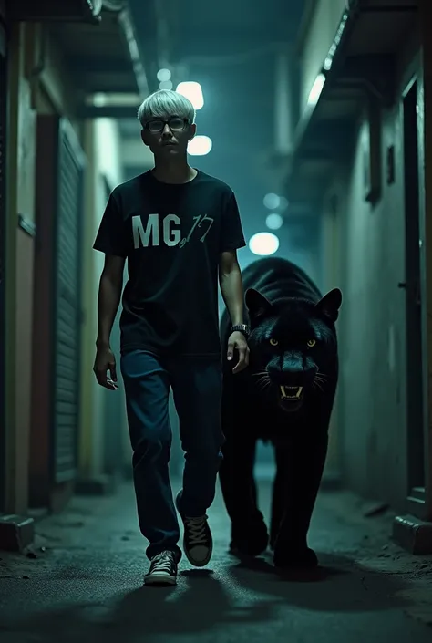 Cinematic image,Film Poster,Hyper realistic,30 year old Indonesian man,short straight white hair,black frame glasses,wearing a t-shirt with writing "MG17",jeans ,Converse shoes,walking holding a cigarette,in the middle of a dark, dim night,in the urban all...