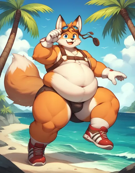 obese tails_boom, solo, obese body, smile, blue eyes, gloves, 1boy, animal ears, male focus, white gloves, fox ears, two tails i...