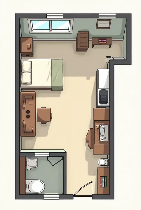 plan of a house with this description " Dylan lives in a small house of approximately 30 m², that has a room, a bathroom and a kitchen. Your room is small, containing only one bed and, next to, a wardrobe. Behind the bed, There is a window, and on the oppo...