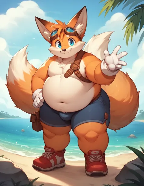 obese tails_boom, solo, obese body, smile, blue eyes, gloves, 1boy, animal ears, male focus, white gloves, fox ears, two tails, ...