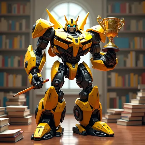 Logo 3d text that reads &quot;WARUNGE OM GUTHUL" in the below section, maskot robot Bumblebee hero Transformers, right hand holding a pencil, left hand holding trophy, the background is decorated with books and brightly lit. 