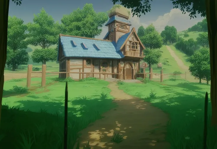 there is a small house in the middle of a field, stylized as a 3d render, stylized 3d render, 3 d render stylized, stylized anime, rendered in unrealengine, 3 d stylize scene, stylized shading, villages ， unreal engine, stylized concept art, beautiful scre...