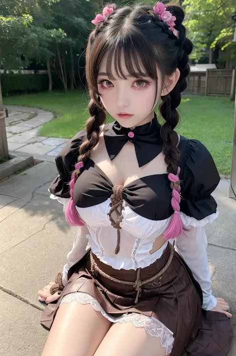 Accentuate your bust、8k,high quality, Very detailedな, 最high quality, Very detailed, Beautiful Japanese Girl、Gothic Punk Costume、Dark pink eye makeup、Thick eyelashes、White skin、Braids、Brownish gray hair、Arms crossed、Skirt flip、Beautiful thighs、Hands and fee...