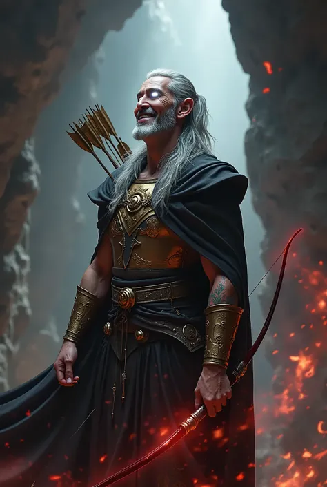 ((((gray skin)))), male elf, middle age, pale skin, long gray hair ponytail, clean shaven colorful tattoos, platinum gold breastplate, black silk cape, wearing arrows, soft smile, maroon air power emanating and swirling all around, background bokeh cavern,...