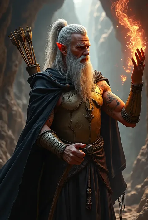 ((((gray skin)))), male elf, middle age, pale skin, long gray hair ponytail, clean shaven colorful tattoos, platinum gold breastplate, black silk cape, wearing arrows, soft smile, maroon air power emanating and swirling all around, background bokeh cavern,...