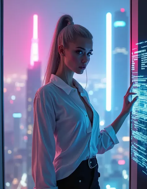 A striking silver-haired woman stands before a towering window, the neon lights of the cyberpunk city sprawling behind her. She wears a sleek, skin-tight bodysuit beneath the oversized white shirt, her hand resting on a holographic control panel. Her long ...