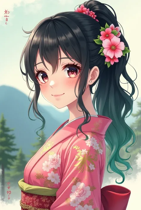 1 anime teenage girl, fair skin, Long black Hair that faded into two colours of pink and green ,flower earrings, Smile, Blush,  black with pink sparkling eyes, Long Eyelashes, V-Shaped Eyebrows, High Resolution, Masterpiece, Nose Blush, Bangs, Wavy Hair , ...