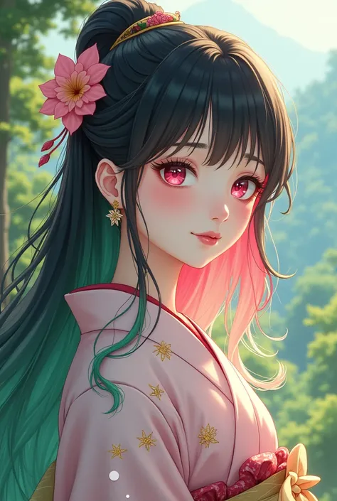 1 anime teenage girl, fair skin, Long black Hair that faded into two colours of light pink and green ,flower earrings, Smile, Blush,  black with pink sparkling eyes, Long Eyelashes, V-Shaped Eyebrows, High Resolution, Masterpiece, Nose Blush, Bangs, Wavy H...