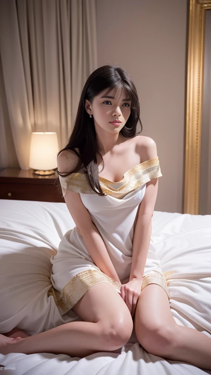 ((Masterpiece)), ((Best Quality)), 8K, HD, Super Detail, (Woman), (White dress studded with yellow gold rims), (Dark brown hair shawl scattered), (sexual expression) (in bed) (Full Body Display 1.4) The artwork is a masterpiece, with the best quality and s...