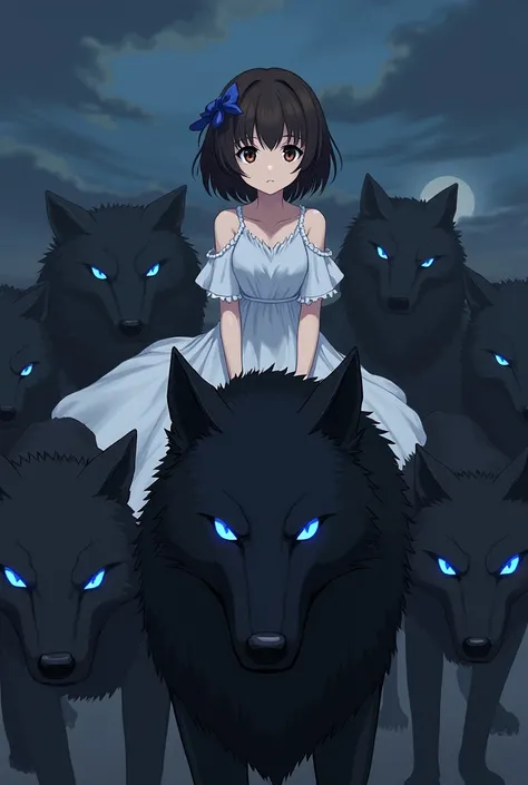 , cheveux très courts chatain foncé avec une barrette noeud bleu, dark brown eyes, dressed in a white dress, foot no, assis sur un loup noir au yeux bleu, Dark sky, wolf pack, manga