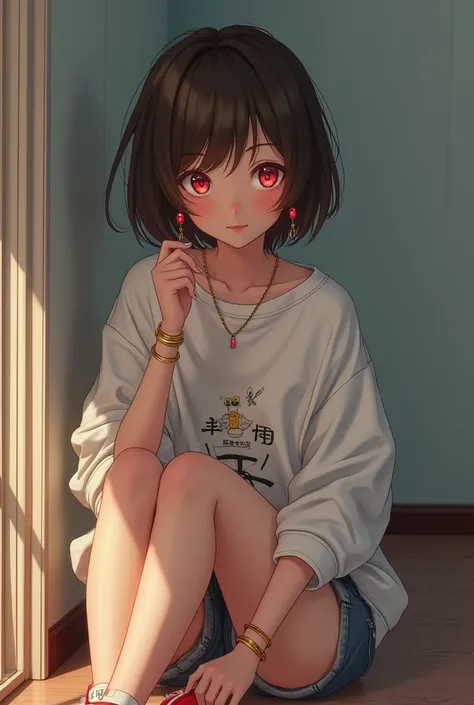 ((1girl, solo ,alone, megumin, short hair, red eyes, brown hair, ((short woman, small bust)), painted nails, gold bracelets, ruby earrings)), ((solo, 1woman, pink lipstick, Extremely detailed, ambient soft lighting, 4k, perfect eyes, a perfect face, perfec...