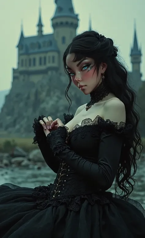 1 close-up of a woman in a dress against a castle, gothic fantasy art, fantasy dark art, gothic fantasy, gothic, in style of dark fantasy art, gothic art, gothic maiden of darkness, detailed fantasy art, large bust, looking at us, 3 sitting sideways to us ...