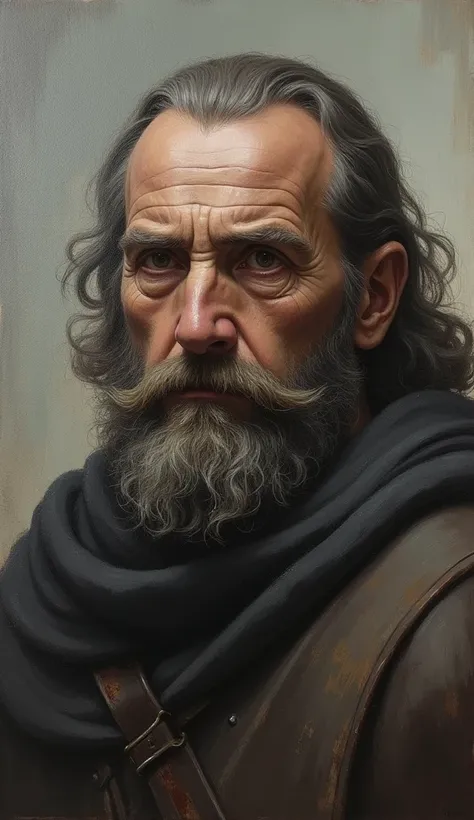 A contemplative, portrait-style oil painting of a weathered, knight-like protector in a moment of quiet reflection, their eyes conveying a deep sense of wisdom and experience. The muted color palette and subtle brushwork evoke a timeless, gravitas-filled a...